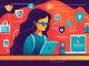 Create an illustration showing a person surrounded by various digital devices like a laptop, smartphone, and tablet, with symbols representing privacy protection such as a shield, padlock, key, and a VPN icon. The background should feature elements like secure login screens, encrypted messages, and icons for two-factor authentication. The overall theme should emphasize internet safety and personal privacy.